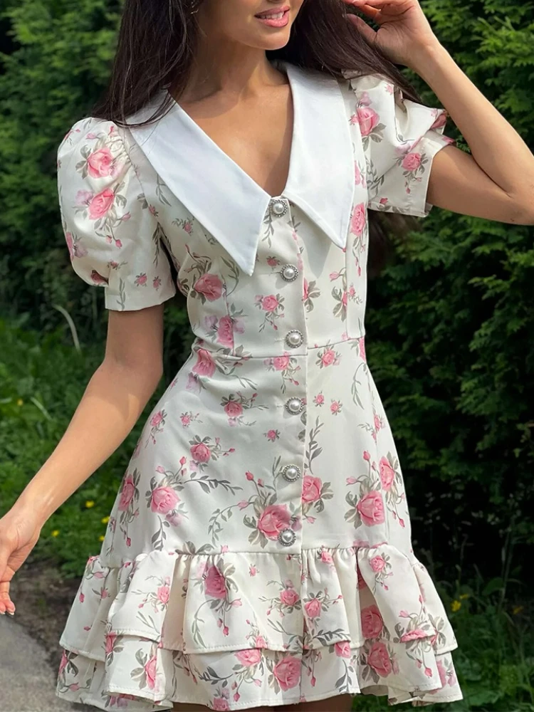 Francês chique floral verão mini vestidos femininos botão frontal em camadas com decote em v manga puff impressão cintura alta casual senhoras vestido novo