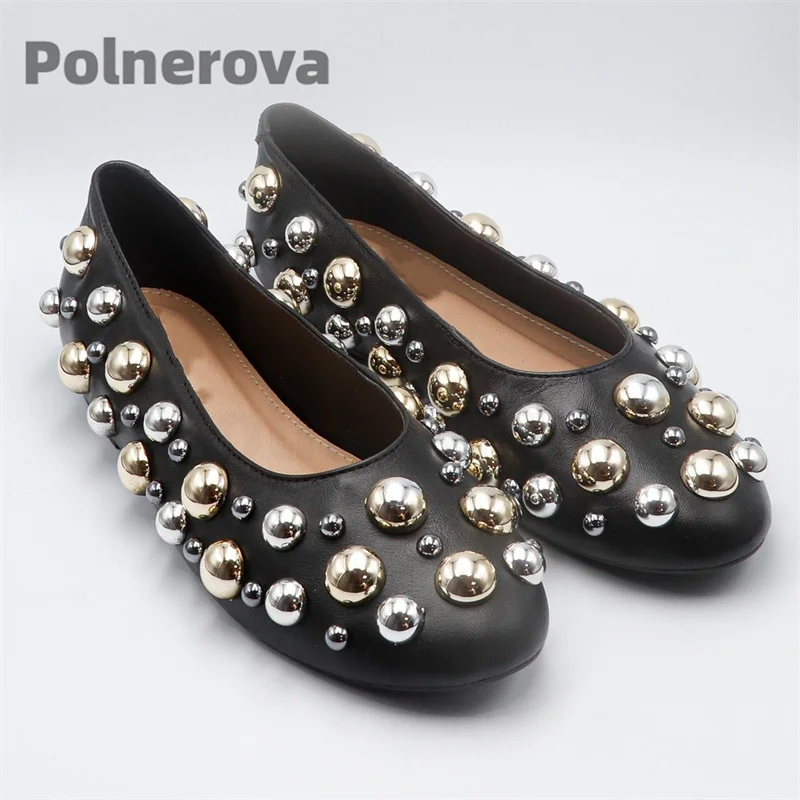 Metallic Bubble Beads Ballet Flats Women Black Leather Slip On Soft Cow Leather Customize Round Toe Women's Casual Dance Shoes
