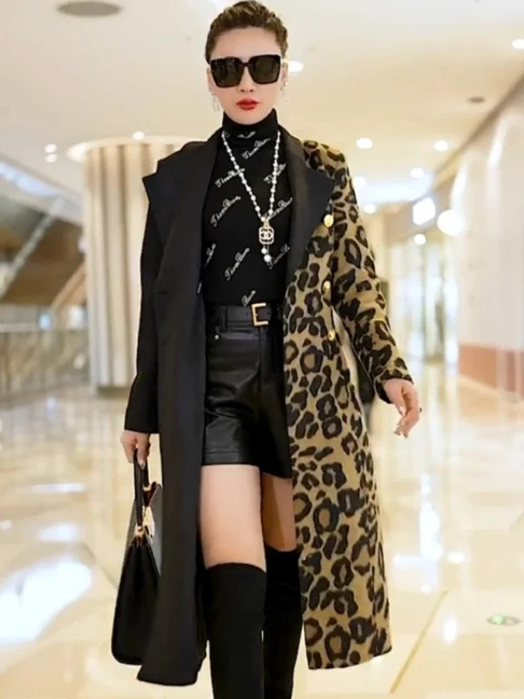 Fashion Y2k Leopard Print Spliced Trench Coat Office Mid-Length Coats Fall/Winter Suit Collar Gold Buckle Windbreak Jacket Women