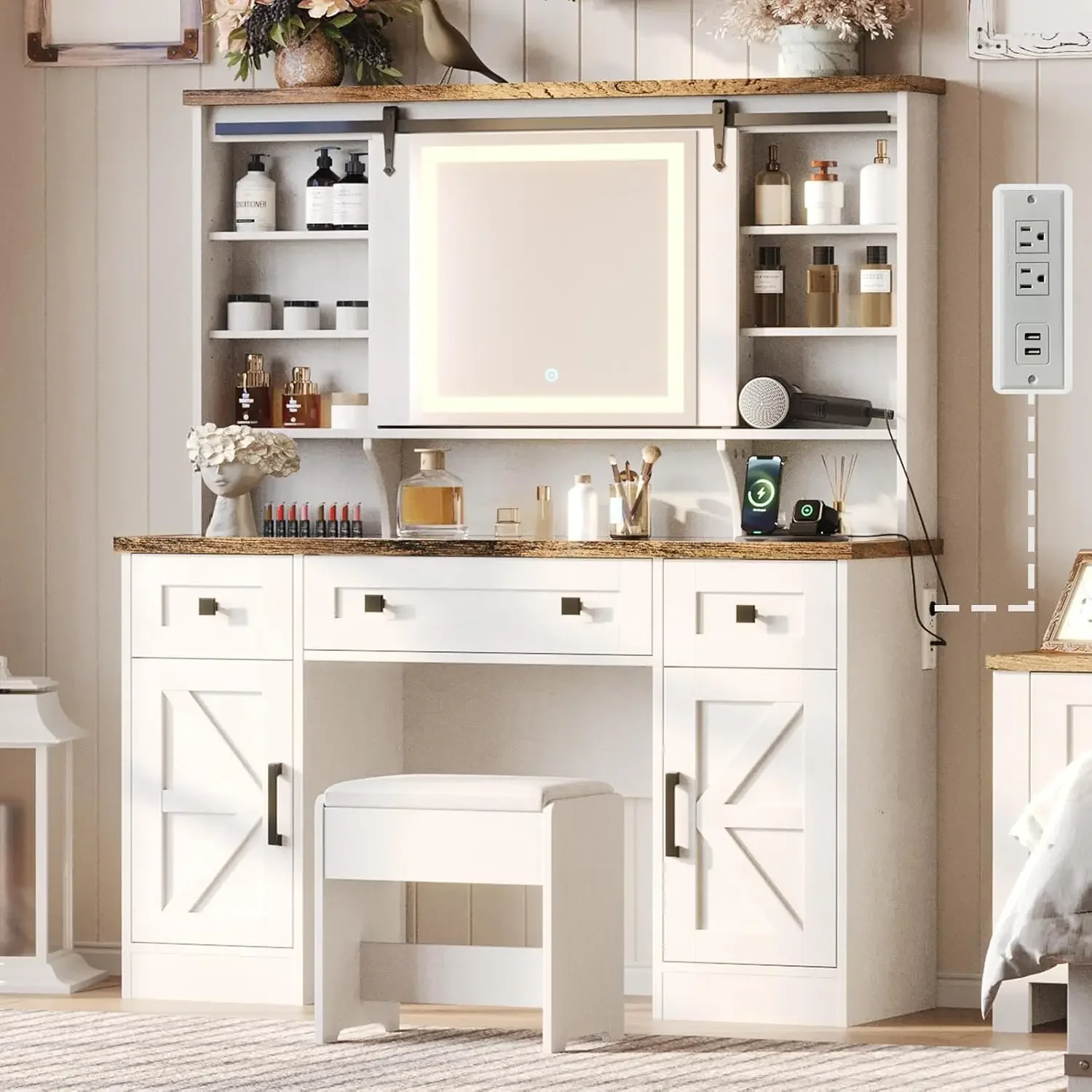 Bureau de courtoisie de maquillage de ferme avec miroir coulissant et lumières, grande table de courtoisie avec station de charge, 47 en verre