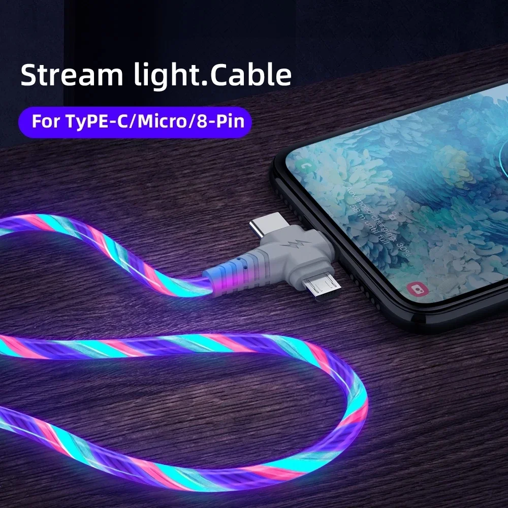 3-in-1 luminous USB cable, suitable for smartphone LED cable USB to mini USB/C-type/8-pin fast charging cable