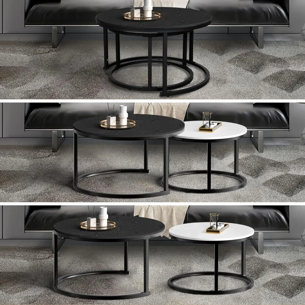 Zestaw stoliki do kawy do zagnieżdżania 2, okrągły stolik do salonu, drewniane stoliki do kawy z solidną metalową ramą, czarno-białe