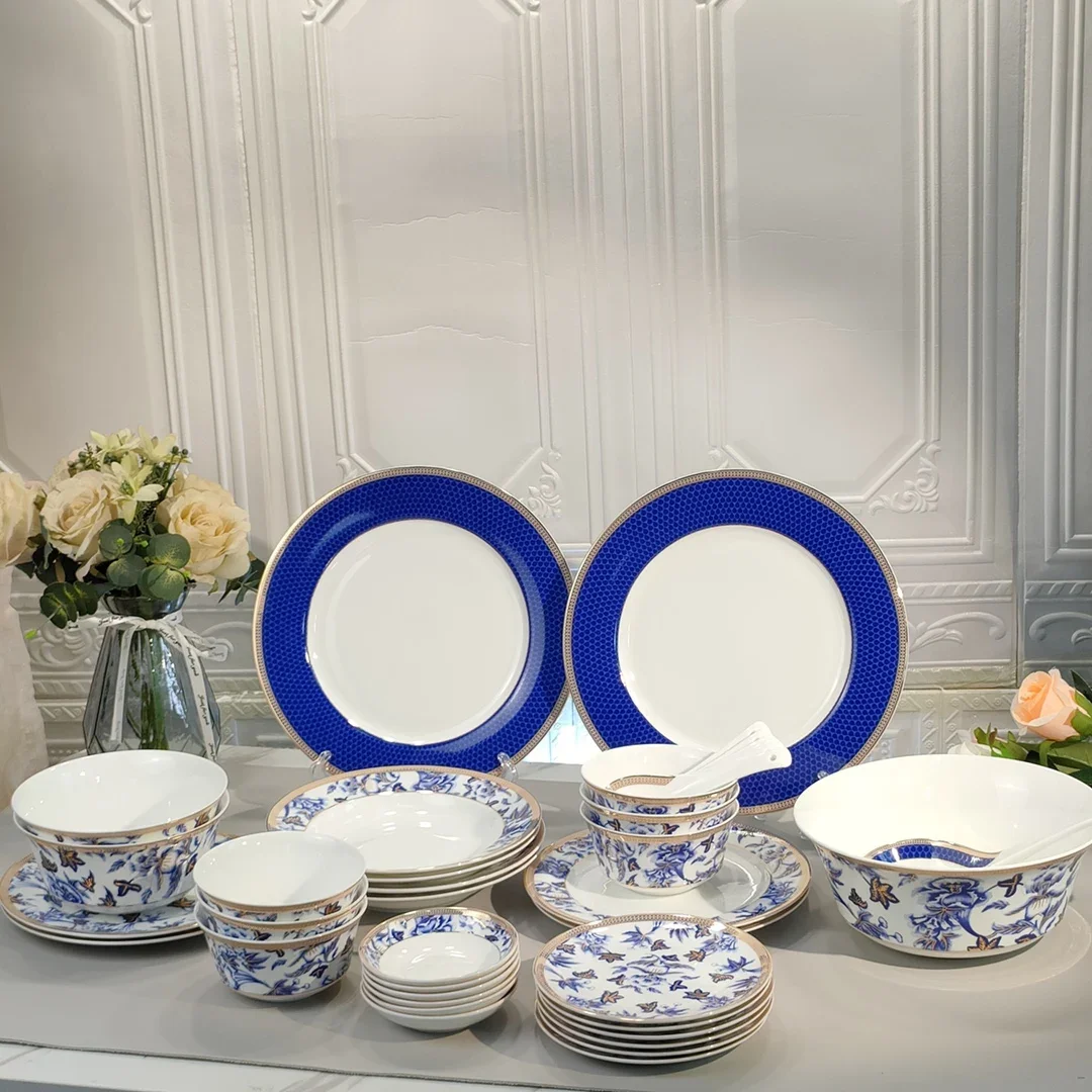 Hibiscus Pattern Series Bone China Dinner Plate, Rice Bowl, High-end Gift, 38Pcs Set