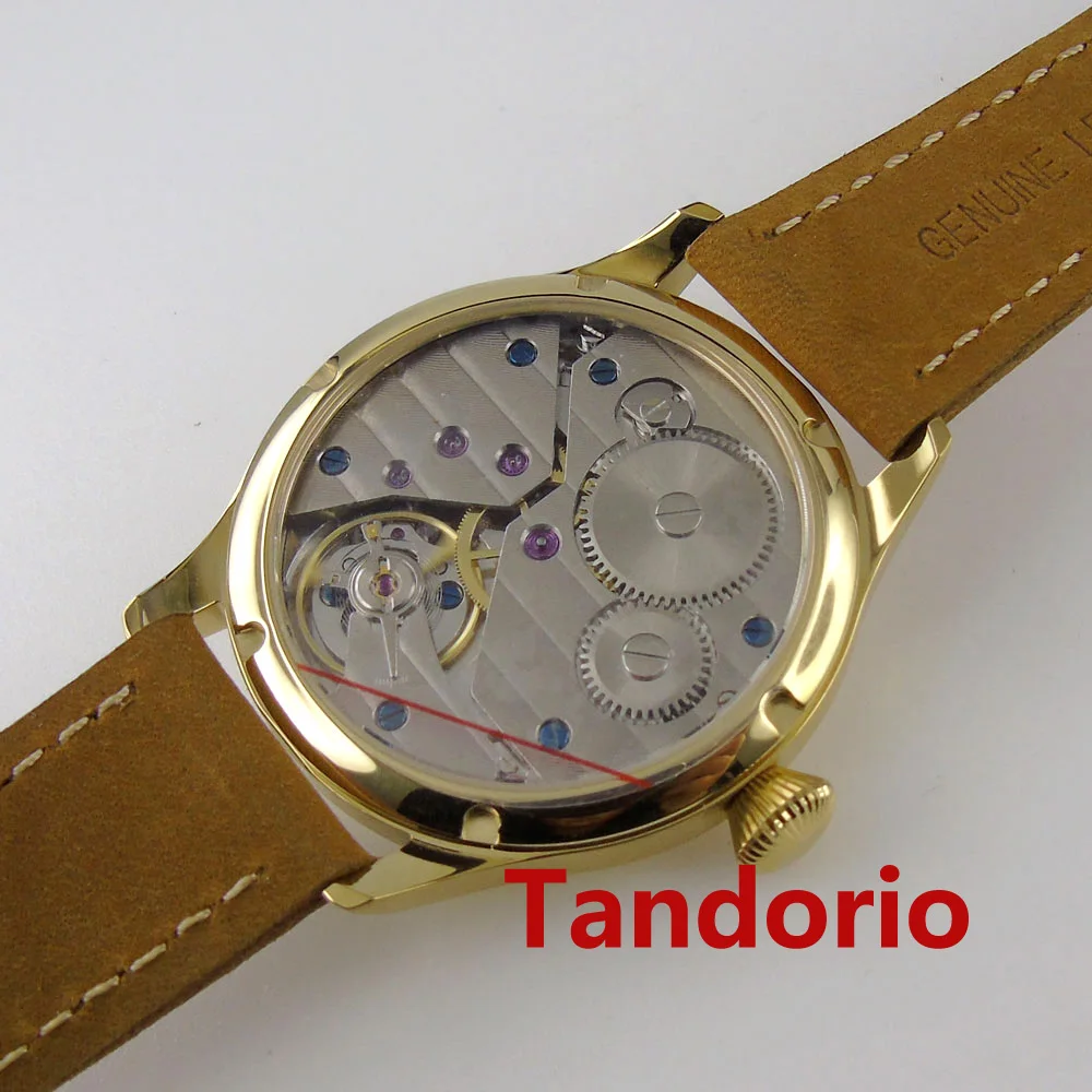 44mm Parnis Fashion 6497 Hand Winding Movement Beige Dial Golden Plated Polished Men Watch Glass Back Small Dial Leather Strap