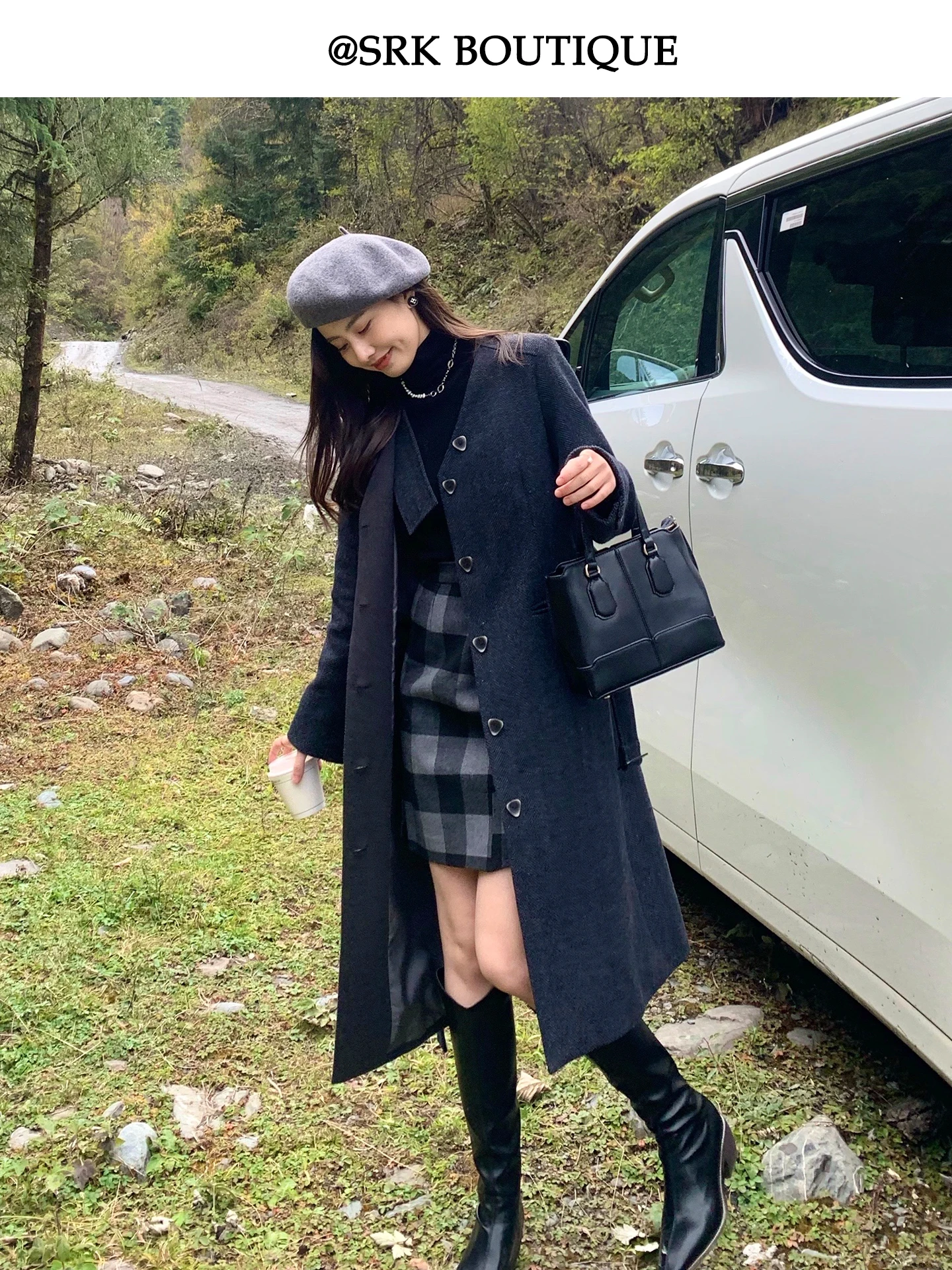 

Женское шерстяное пальто SRK 2025: Новинка зимы, приталенное, с поясом, длинное, средней длины, винтажное, модное, верхняя одежда