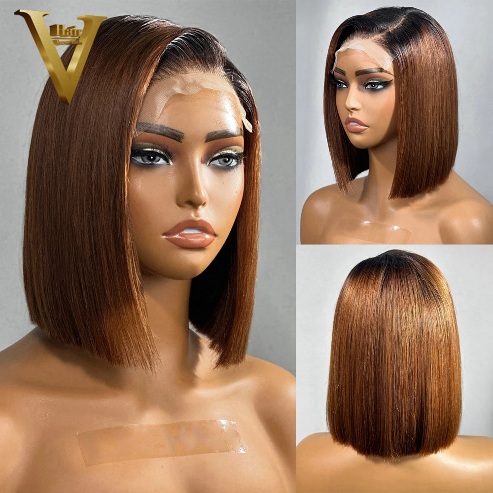 

Ombre Brown Colored 13X4 Human Hair Short Bob Wig Glueless 200% Density Ash Blonde Pixie Cut 13X6 Frontal Wigs Preplucked