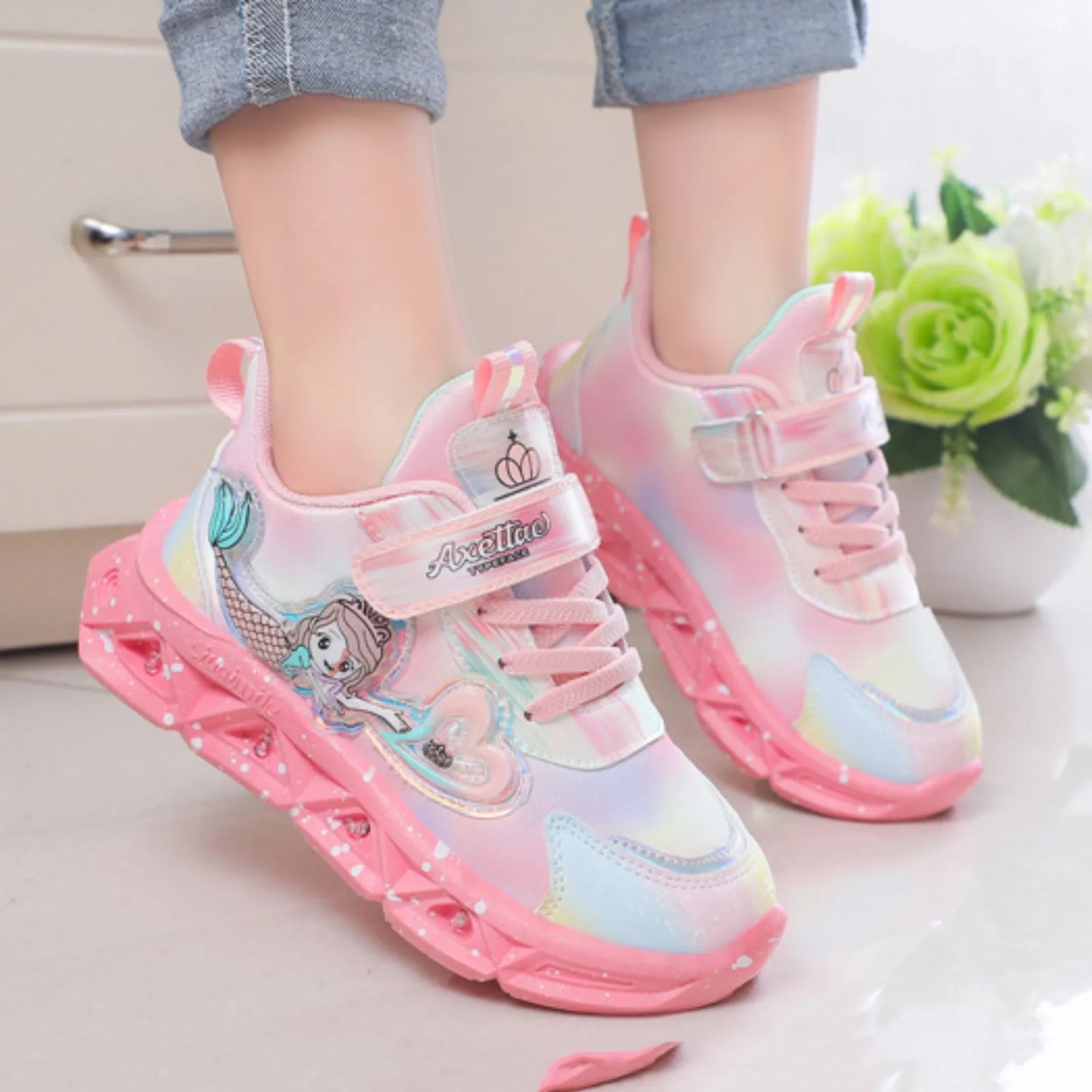 Kids Girls LED Sneakers Frozen Elsa Mermaid Princess Print Casual Shoes Children Lighted Non-slip Pink Purple Thick Sole Sneaker