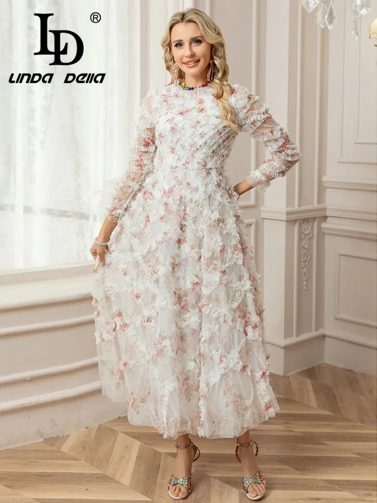 LD LINDA DELLA 2025 Spring/Summer Fashion Design Round Neck Lotus Leaf Edge Printed Mesh Large Swing Lotus Leaf Edge Size Dress