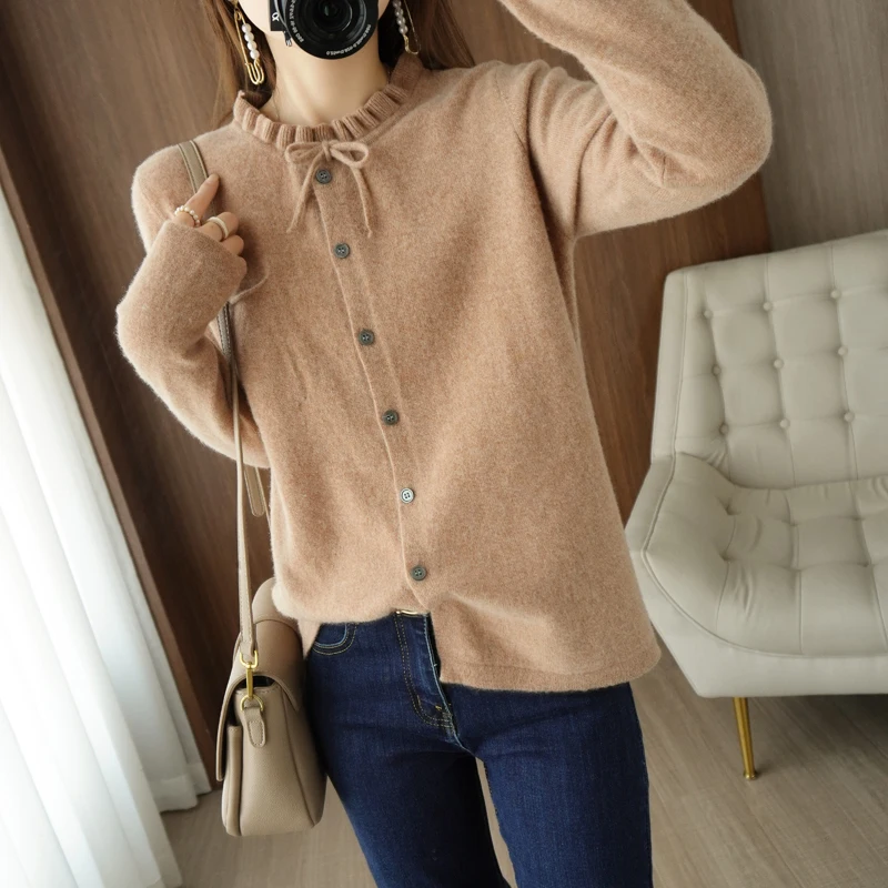 

Spring And Autumn 100% Pure Wool And Cashmere Sweater Women's Foreign Style Fungus Collar Knitted Loose Elegant Fashion Cardigan