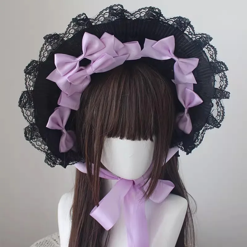 Nowa oryginalna czapka Harajuku Retro Handmade Gothic Lace Bow Flat Cap Sweet Lolita Cosplay Dress up Dark Bonnet Hat Akcesoria do włosów