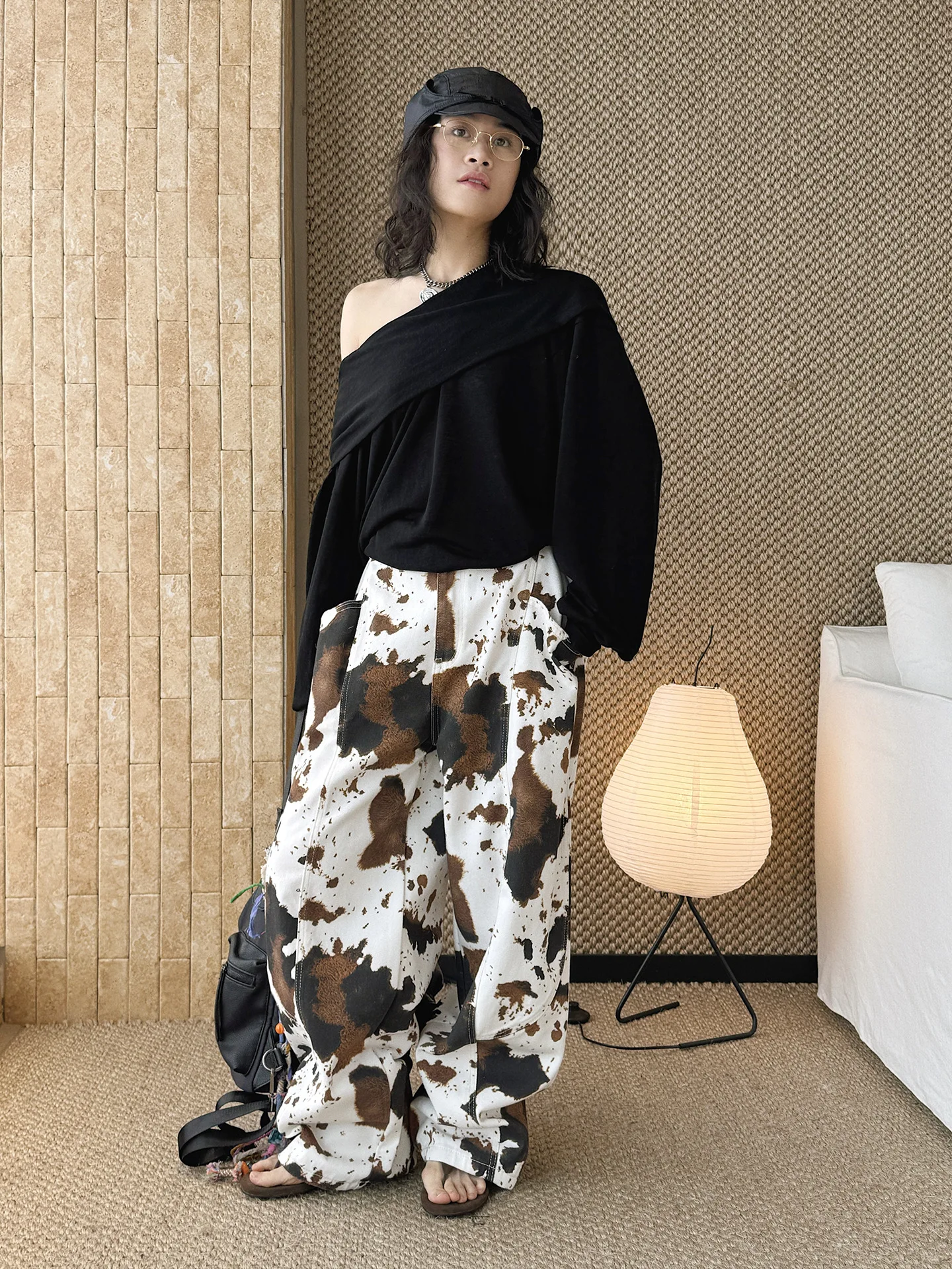 Women's High-Waist Cow Print Wide-Leg Jeans