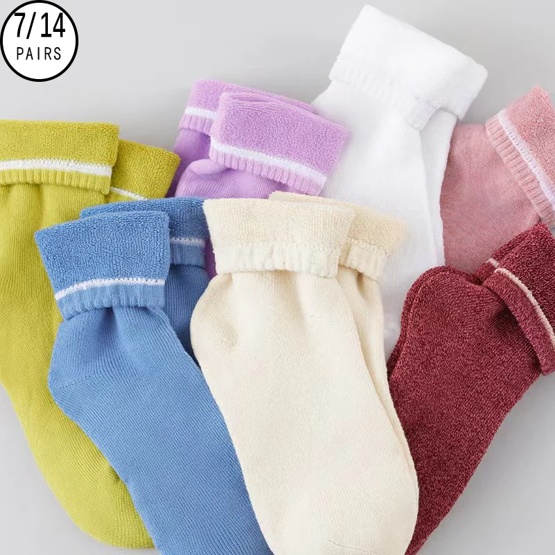 7/14 Pairs Women Macaron Solid Color Comfort Thick Fleece Lined Warm Winter Mid-Calf Socks