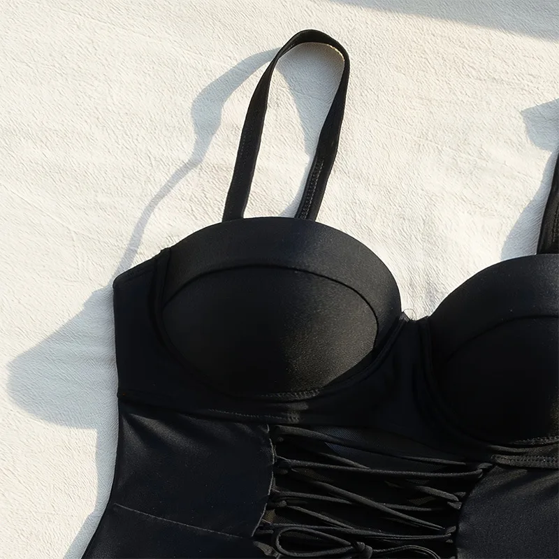 セクシーな黒のプッシュアップ包帯水着ワンピースドローストリングタイビキニ水着ボディスーツ女性ビキニ水着タンキニ
