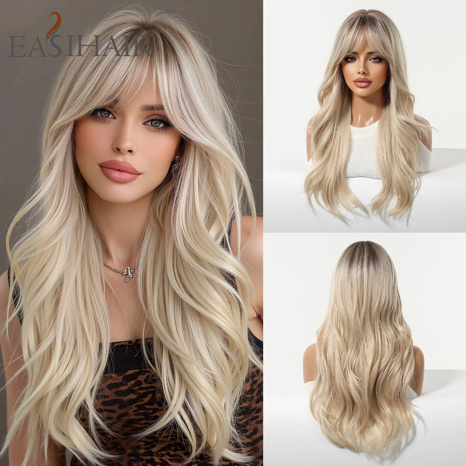 Blonde Ombre Long Wavy Synthetic Wig with Bangs Dark Roots Heat Resistant Fluffy Natural Looking for Women Daily Party Wear Use