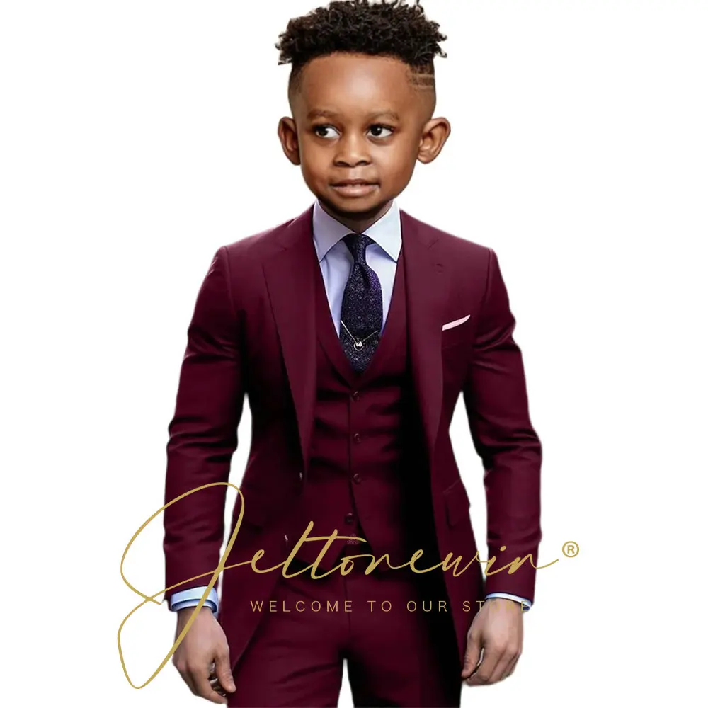 

Burgundy Boys Suit Wedding Tuxedo 3 Piece Notched Lapel Jacket Pant Vest Child Formal Blazer Set Slim Fit Outfit Costume Mariage