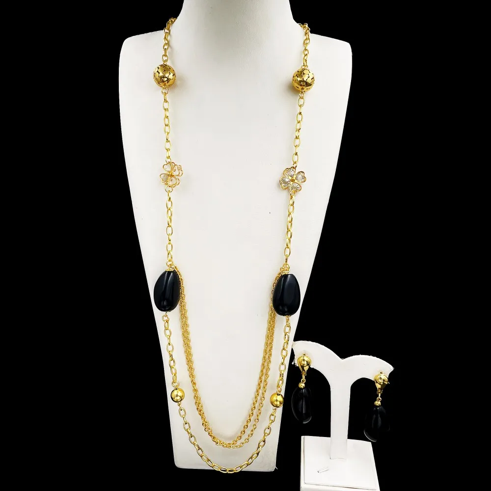 

GZJPEI Retro Baroque Necklace Earring Jewelry Set Boho Black Beads Long Chain Necklace Drop Ear Ring For Women 2025 New