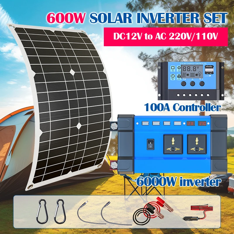Kit inverter per energia solare, da 12 V CC a 220 V CA, con regolatore da 100 A e pannello solare, ideale per uso domestico, camper, campeggio e situazioni di emergenza.