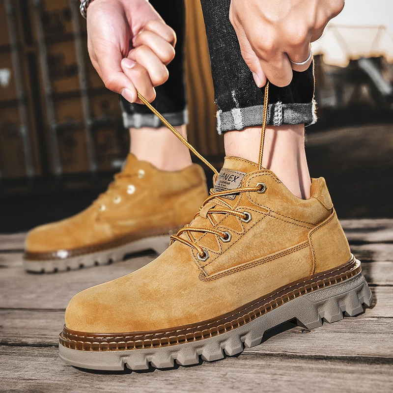 

High top boots for men, British style workwear motorcycle boots, summer black side zipper, mid rise soft leather boots for men