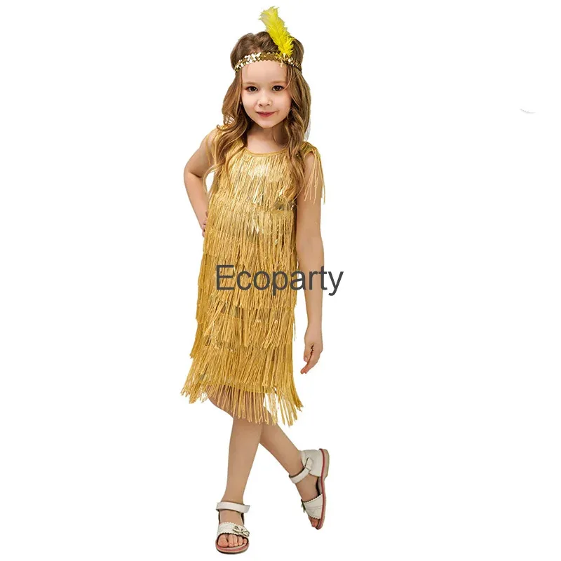 

2025 ♥ New Girls 1920s Flapper Kids Latin Dance Costumes Solid O-Neck Sleeveless Tassel Dress Headwear Set Halloween Pa ☆★
