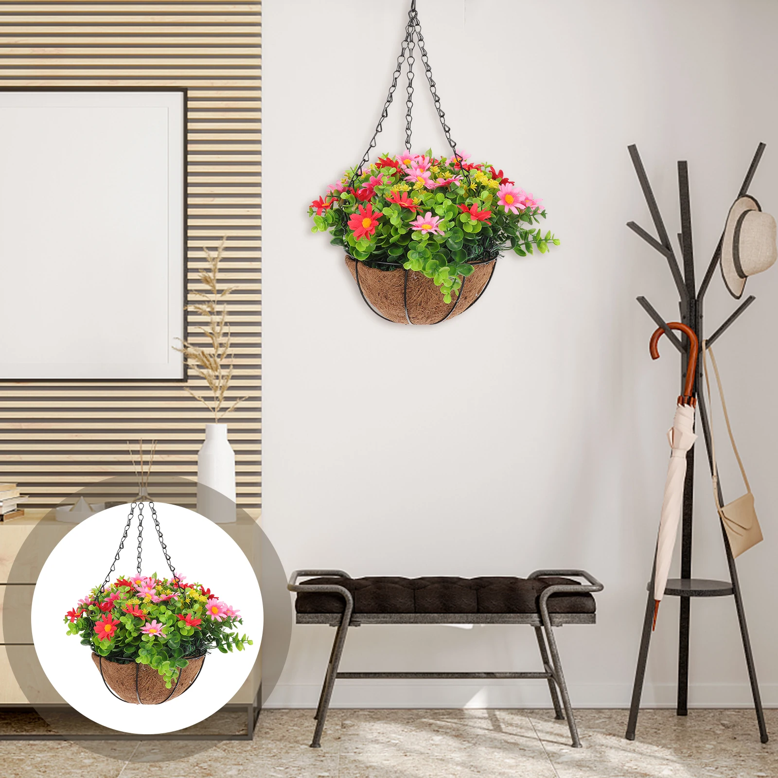 

Coconut Palm Flower Basket Hanging Artificial Flowers for Outdoors Baskets Fake Garden Decor Faux