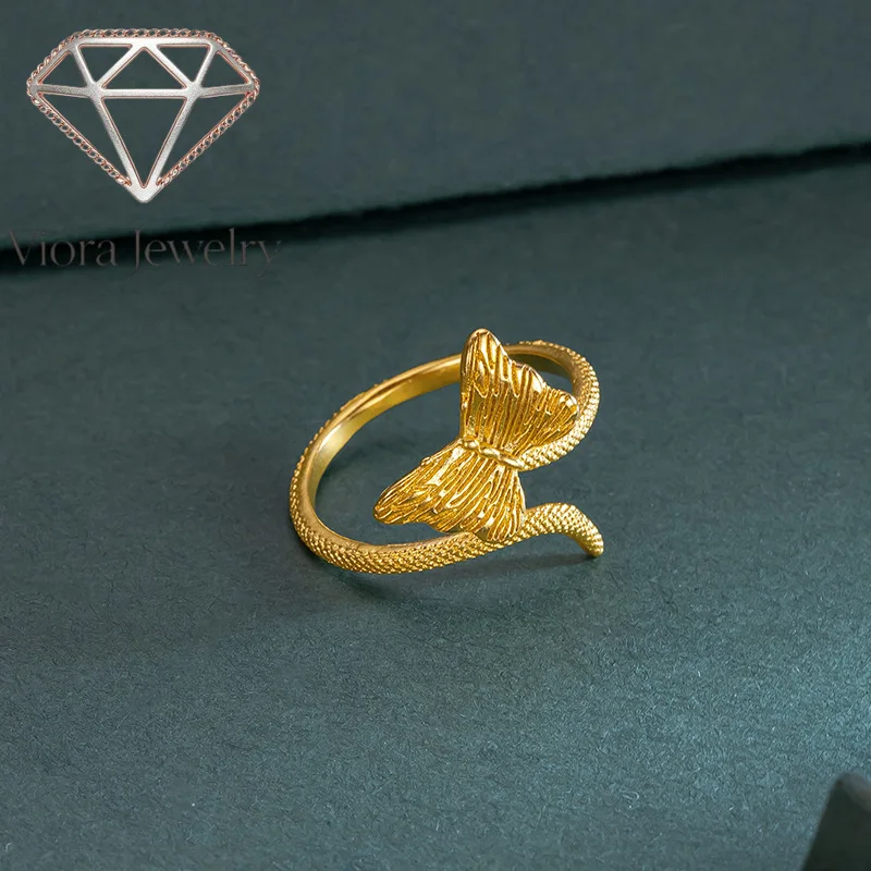 Viora Jewelry Snaketail butterfly open ring 9999 24K real gold ancient method inherits fashion niche design versatile and elegan