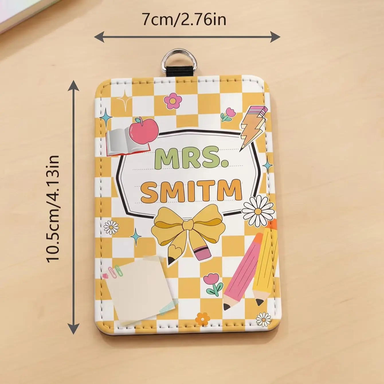 Personalized Custom Text,Teacher Badge Card Holder,Soft Nylon Lanyard,Sturdy,School Supply Illustrations,