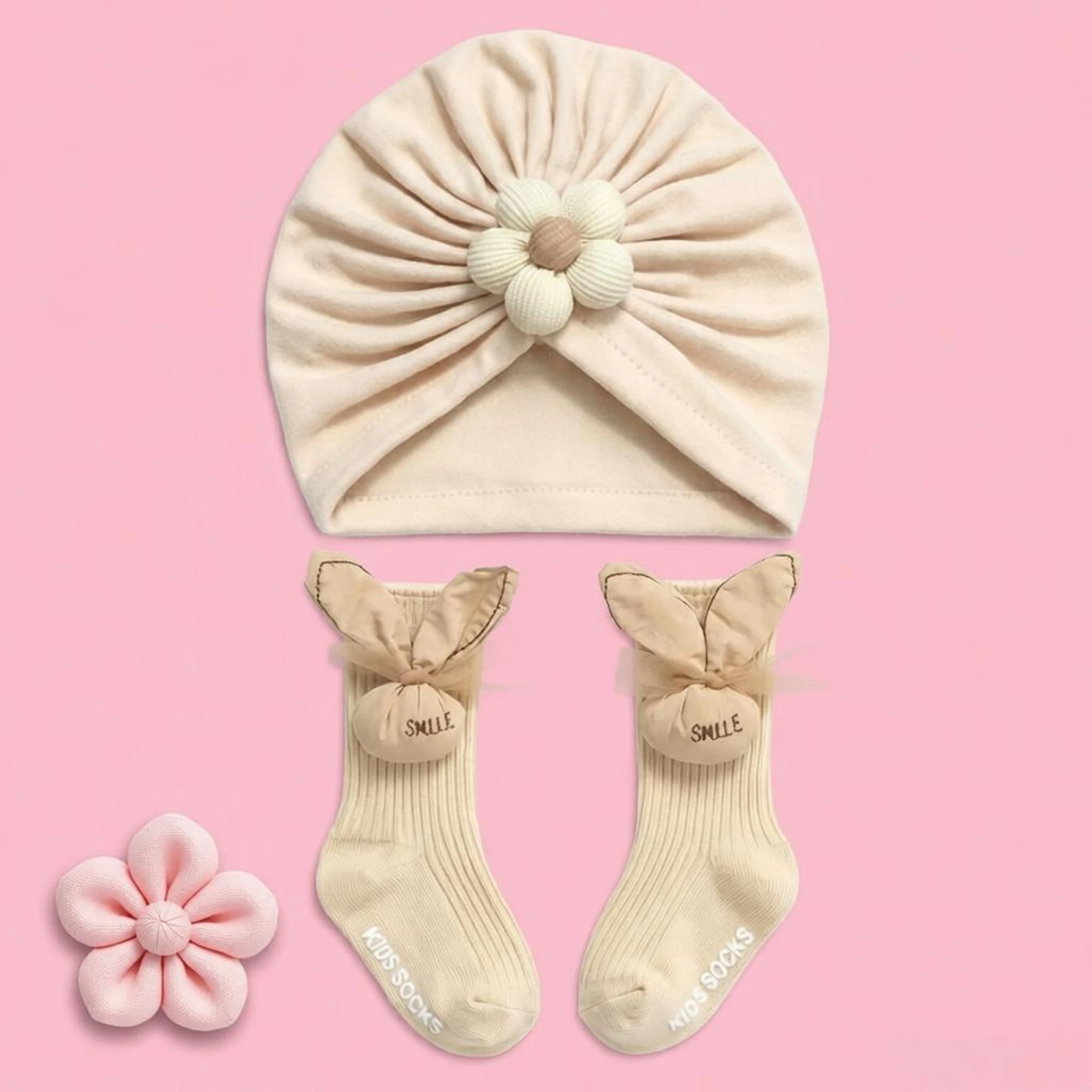 Baby Girl Socks and Cap Set Cute 3D Flower Turban Hat and Bunny Socks