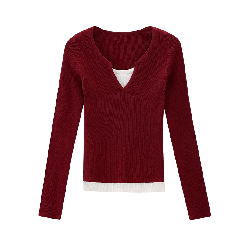 ALXNAN-camisetas rojas para mujer, camisetas ajustadas de manga larga con cuello en V, camisetas elásticas con paneles de punto de Color, novedad de Otoño de 2025 para mujer L569103