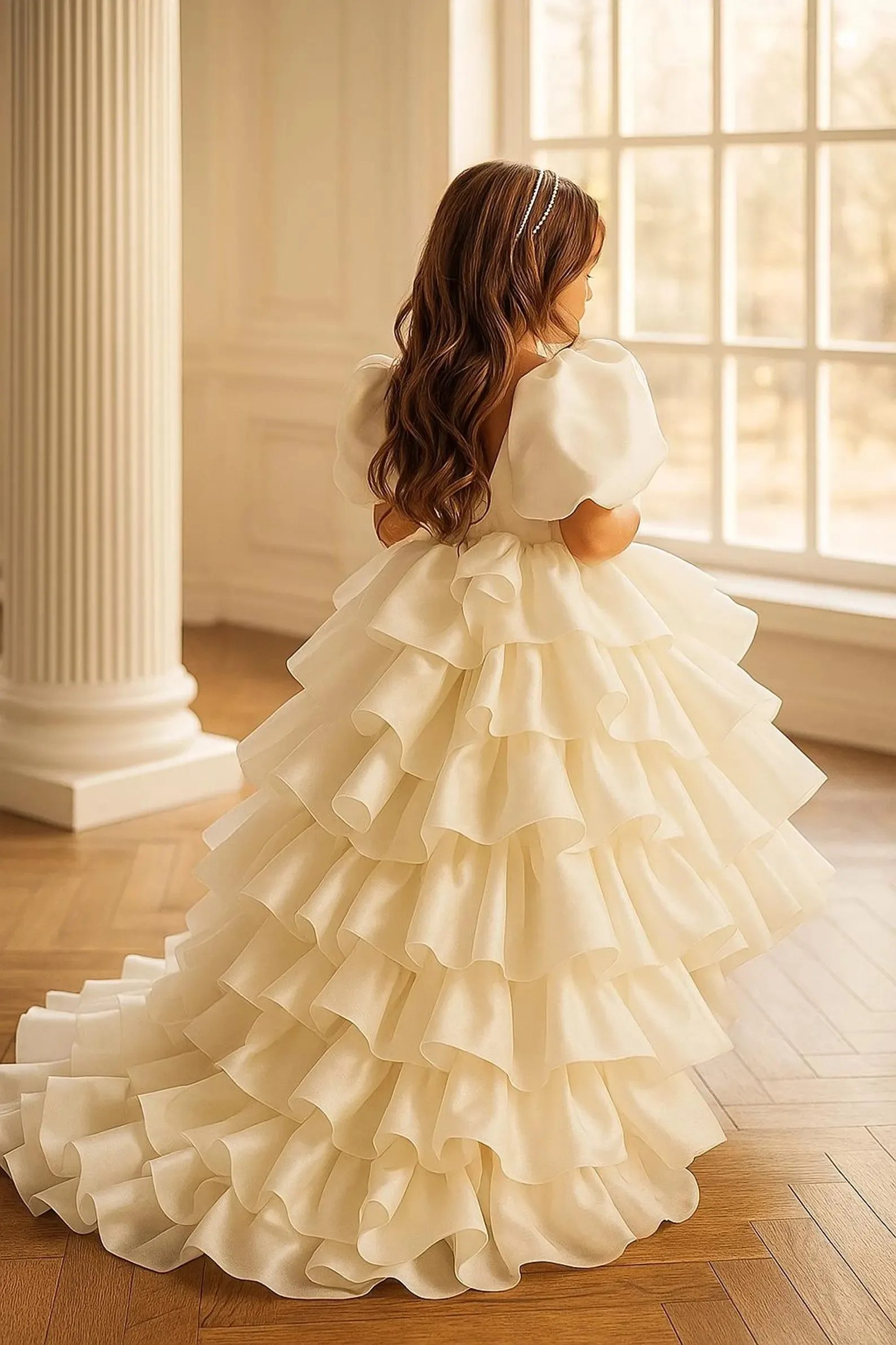 Luxurious Flower Girl Dresses, Puff Sleeve Princess Dresses, Children's Train Dresses, Wedding Flower Girls, Communion Dresses