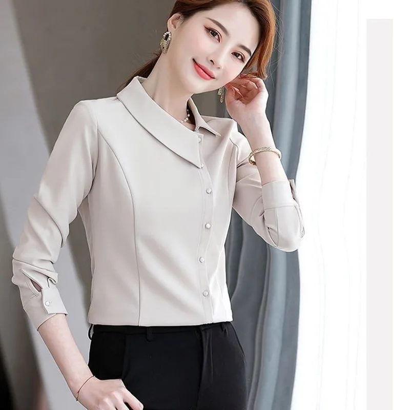 Elegant Skew Collar Spliced Button Asymmetrical Shirt Women\'s Clothing 2023 Autumn New Oversized Casual Tops Office Lady Blouse