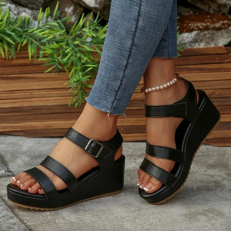 Summer Large Size Slope Heel Sandals for Women Thick Bottom Fish Mouth Fashion Sandals Roman Style Casual Slip-On Ladies Shoes