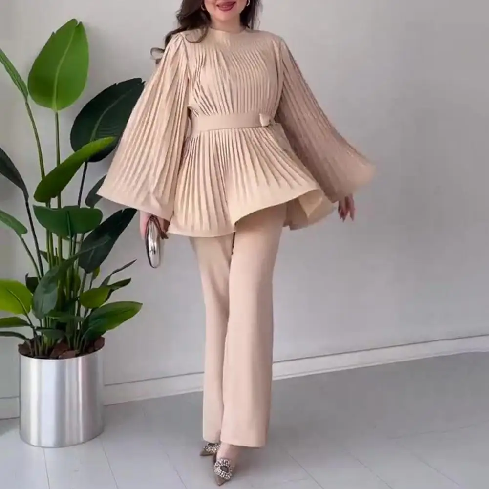 Set celana panjang warna Solid, setelan celana panjang kaki lebar, atasan lengan klakson lipit elegan dengan pita renda, Detail wanita untuk bepergian