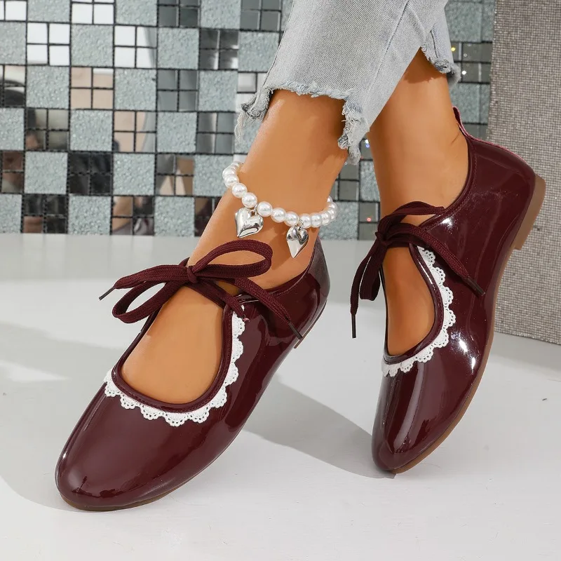 Cute Beige Lace Trim Mary Jane Shoes for Women Patent Leather Bow Ankle Strap Comfort Casual Flats