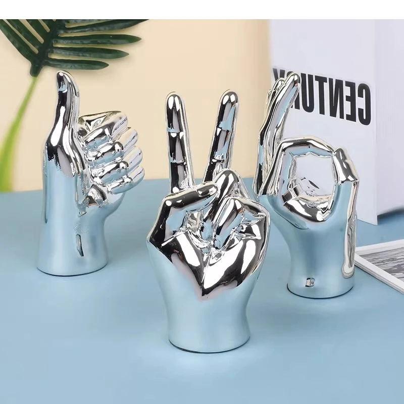 Creative Resin Figurines Silver Gesture OK Finger Hand Sculpture Thumb Ornament  Decorative Figurines Home Decoration