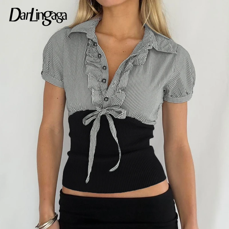 

Darlingaga Vintage Striped Contrast Color Slimming Fuff Sleeve Shirts Women Lace-Up Decorated Button-Fly Summer Top 2000s Blouse