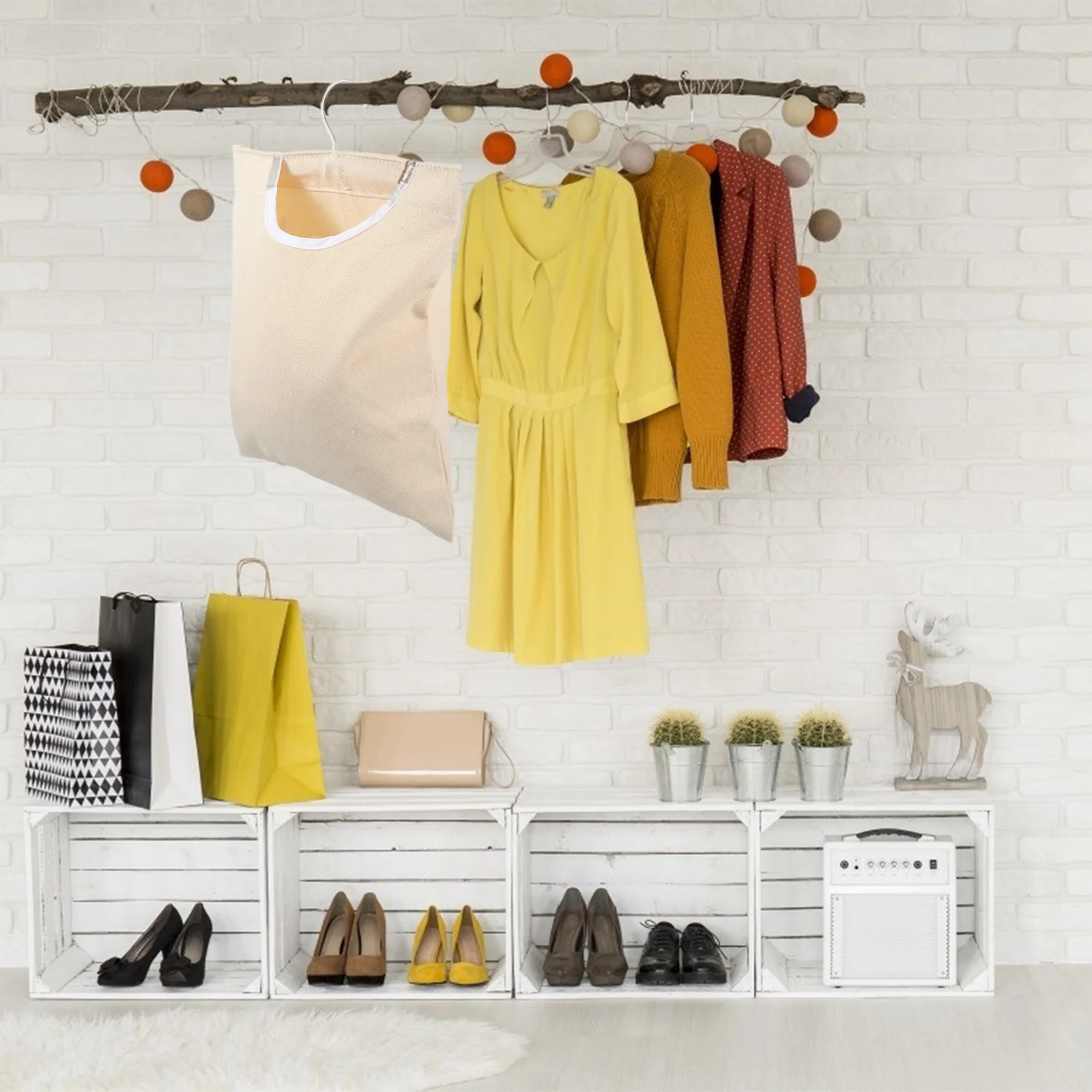 

Storage Hanging Bag Beige Large Opening Polyester Multipurpose Organizer For Bathroom Kitchen Bedroom Closet Clothespins