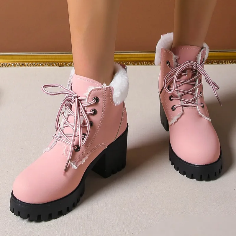 

Женские ботильоны на блочном каблуке больших размеров, осень/зима 2023, новые нескользящие хлопковые туфли на высоком каблуке с круглым носком и шнуровкой на платформе