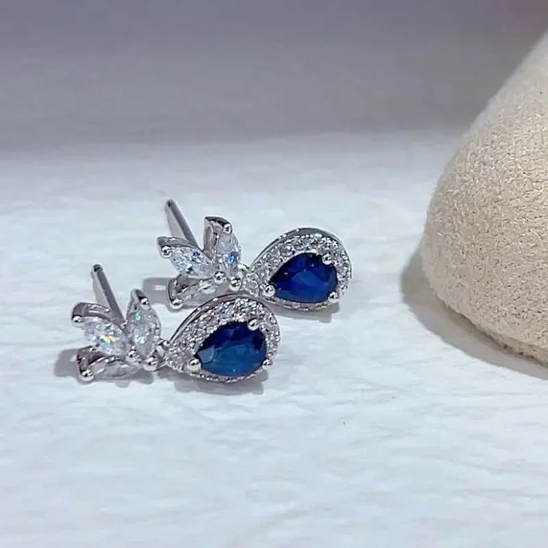 SACEGEMS Fashion Jewelry Earrings for Women 925 Sterling Silver 4*5MM Natural Sapphire Stud Earrings Wedding Party Fine Jewelry