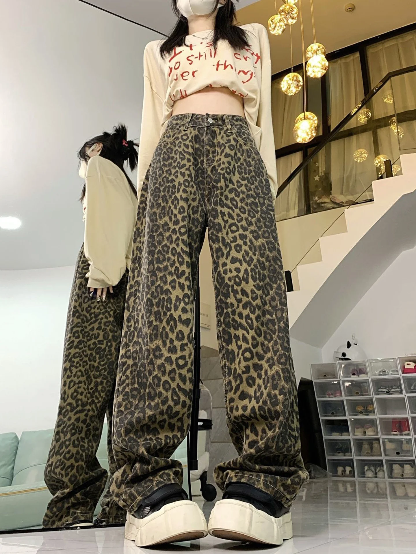 American Style High Waist Leopard Print Loose Straight Leg Jeans Women's Autumn New Fashion Design Slimming Wide Leg Pants