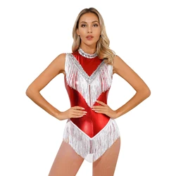 Womens Metallic Latin Dance Performance Costumes Fringed Bodysuit Shiny Sequins Rhythmic Gymnastics Mock Neck Tassel Leotards