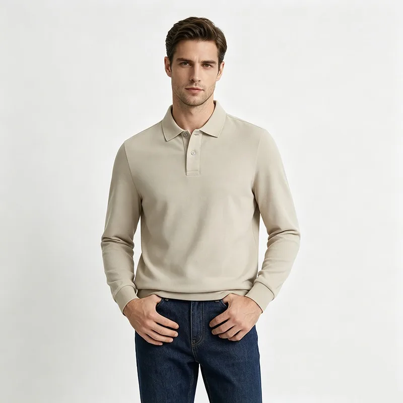 Men Fall Winter New Pure Cotton Long Sleeve Polo Shirt Business Casual Solid Color Comfort Turn Down Collar Versatile T Shirts