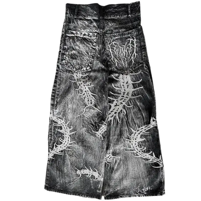90s Gothic Centipede 3D Print Washed Oversized Wide Leg Pants Unisex Distressed Jeans Drawstring Waist Resistant to Deformation