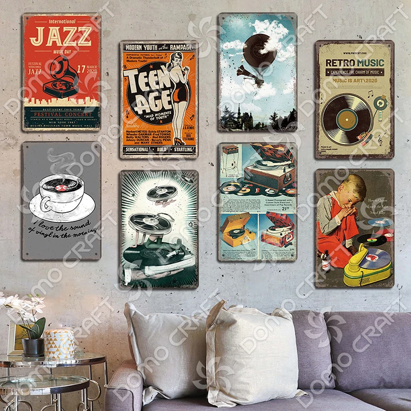 Retro Music Poster Metal Tin Signs Vinyl Record Phonograph Metal Plaque Vintage Wall Decor for Cafe Bar Pub Living Room Home