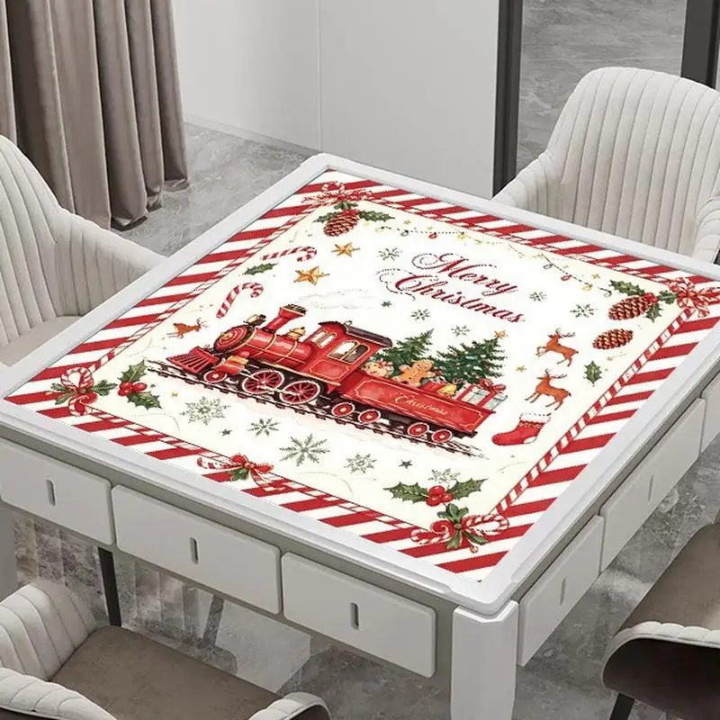VIKAMA Christmas Mahjong Mat Red Stripe Border Train Xmas Tree Gingerbread Print Non Slip For Living Room Game Night Decor
