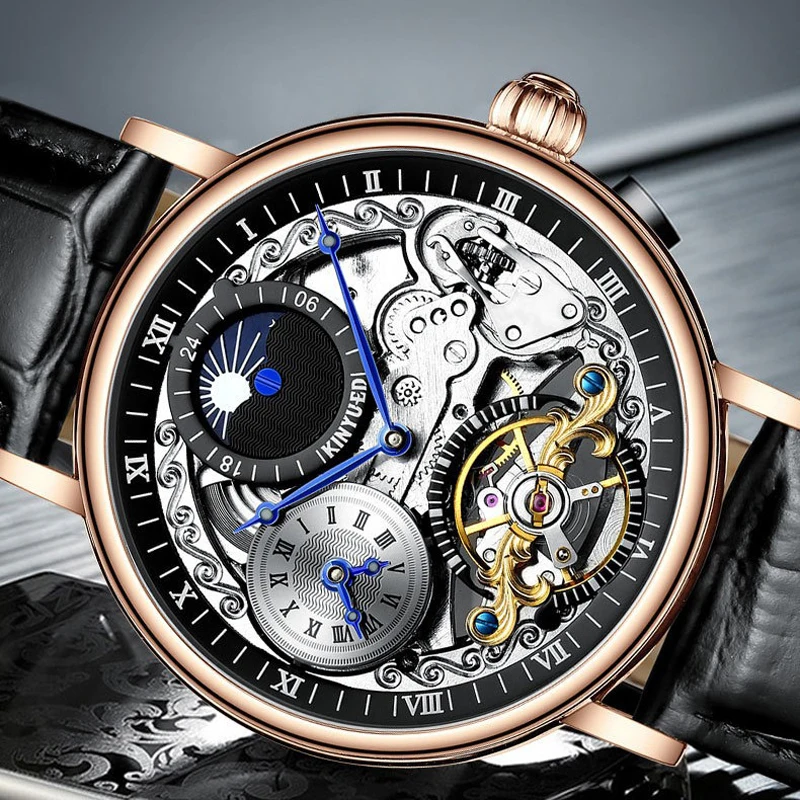 KINYUED Men Watches Automatic Mechanical Watch Dual Time Zone Tourbillon Clock Leather Waterproof Watch Men Military Wristwatch