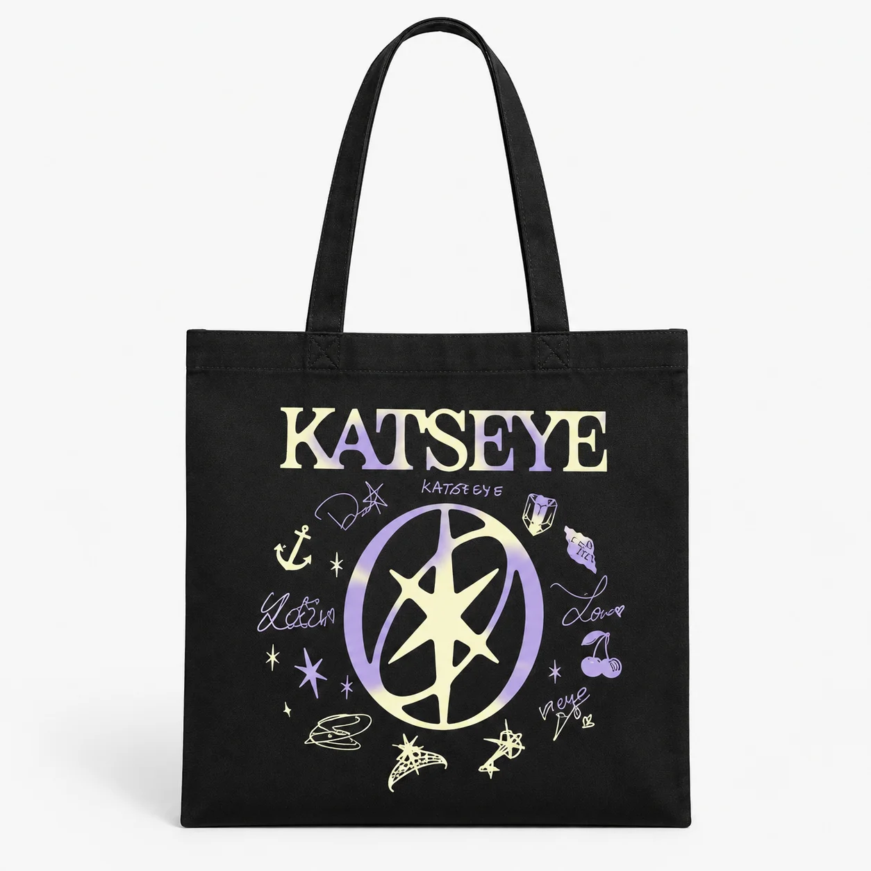 Trendy K-pop Idol Canvas Tote Bag, Black Girl Group Logo Star Anchor Cherry Signature Print Large Capacity Handbag