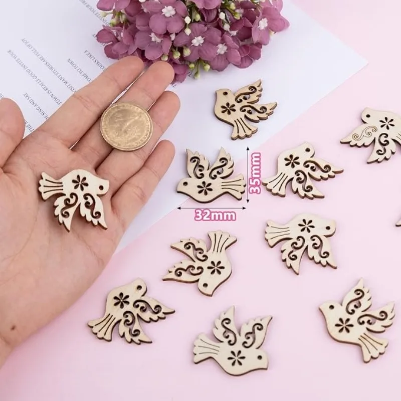 50pcs Unfinished Wooden Peace Dove Wood Cutouts Slices Craft Embellishments Bird Pigeon Shape Cutout for DIY Party Home Decor