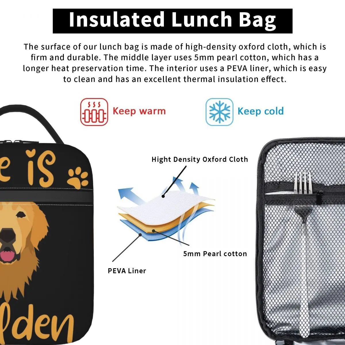 GOLDEN RETRIEVER Quote Insulated Lunch Bag for Women Children Portable Food Boxes Thermal Lunch Box Tote