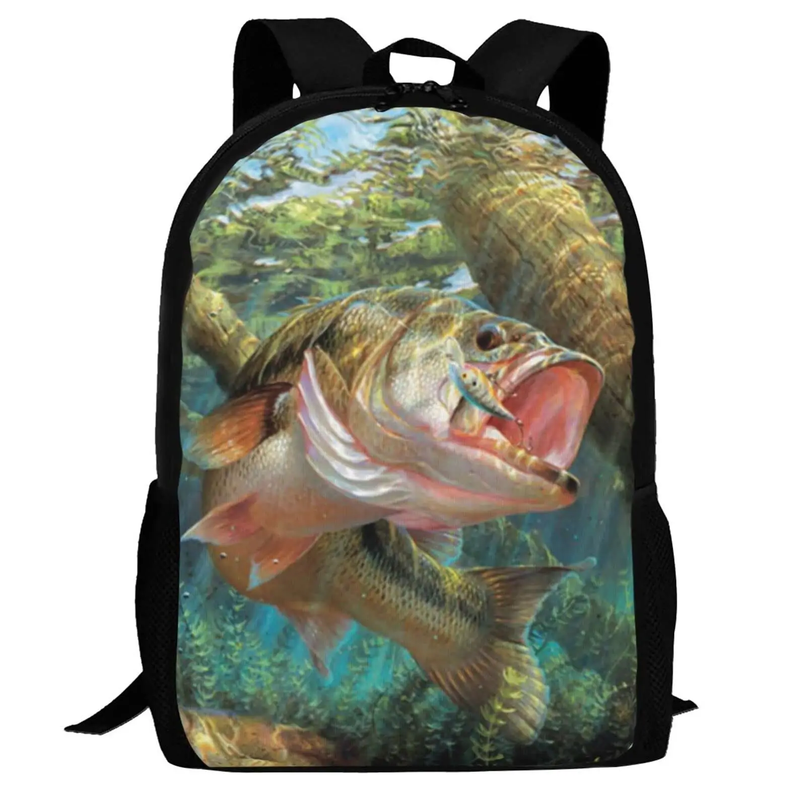 Mochila escolar com estampa de pesca de peixe, leve, bolsa para computador escolar, casual, caminhada, viagem, mochila para homens, mulheres e meninas