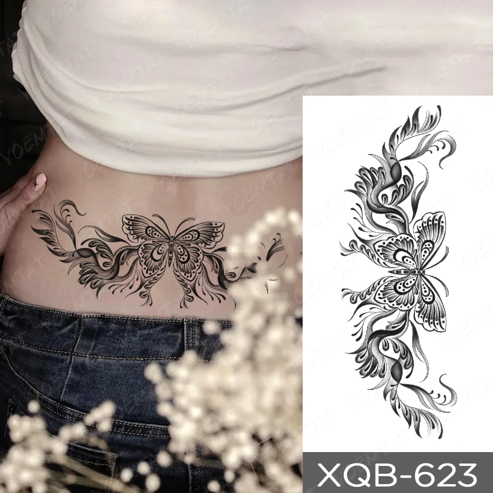 Waterproof Temporary Tattoos Sticker Henna Butterfly Dragonfly Lotus Black Body Art Tattoo Chest Waist Women Men Fake Tatoo